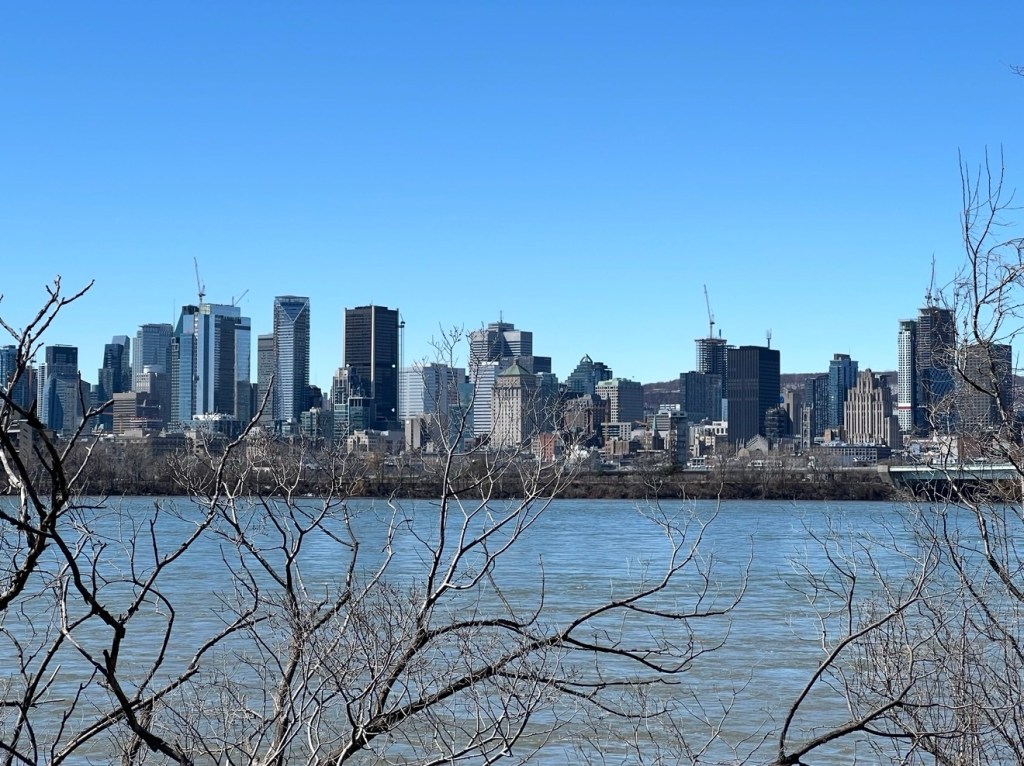 Downtown Montreal skyline seen from across the river in Quebec Canada